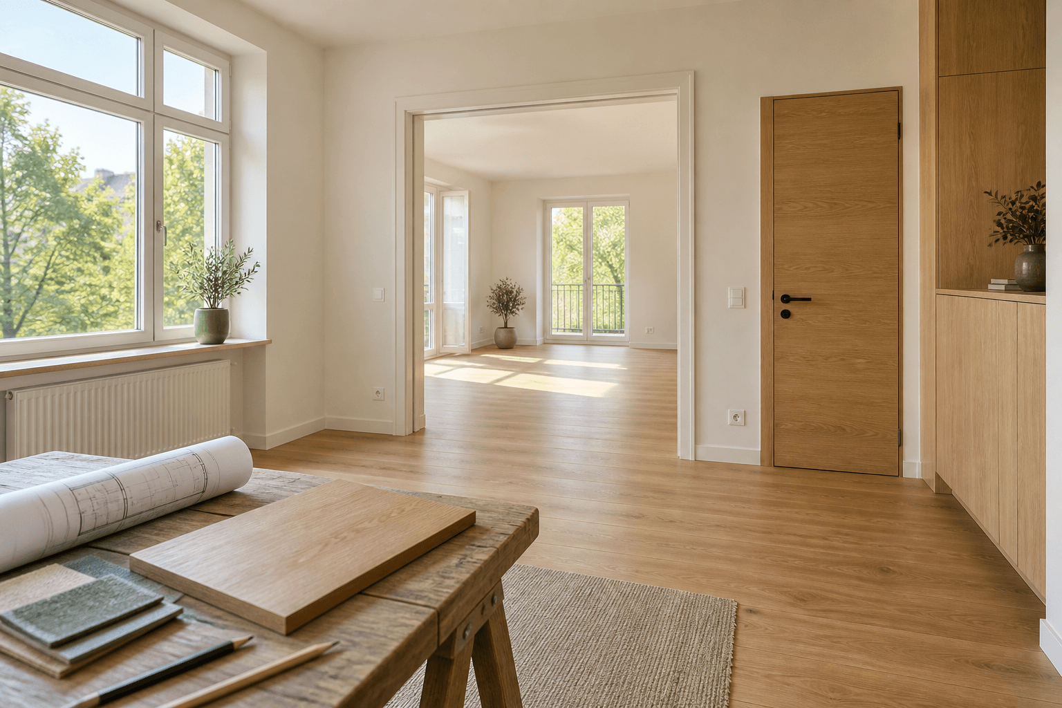 Heller Wohnraum mit Eichenboden, glatten Wänden, Holztür und Materialmustern auf einem Arbeitstisch